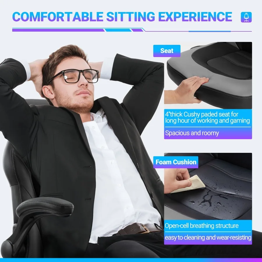 Ergonomic Gaming Chair with PU Leather Adjustable Swivel Computer and Office Desk Chair with Flip-Up Armrests Gray view 6