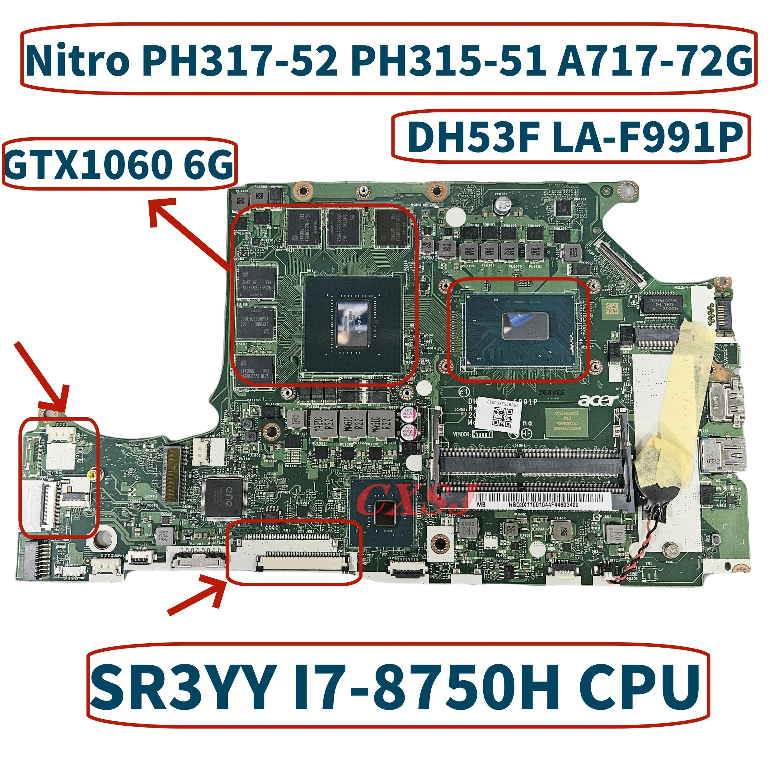 LA-F991P For Acer Nitro PH317-52 PH315-51 A717-72G Notebook Mainboard With I7-8750H CPU GTX1060 6G GPU DDR4 Laptop Motherboard