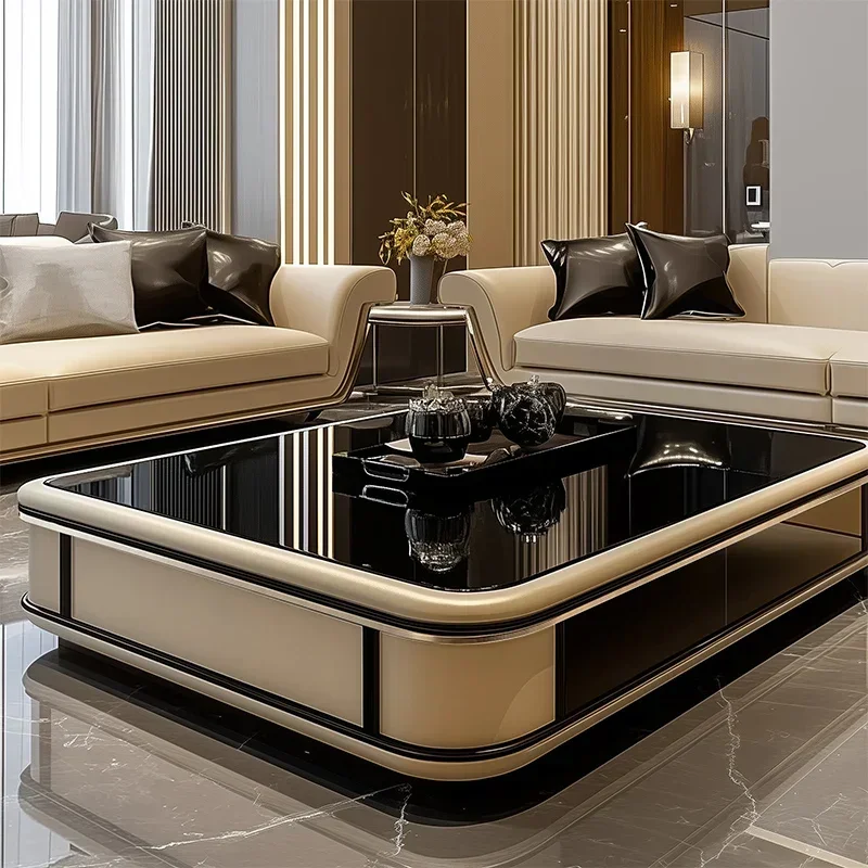 Black Glass Coffee Table TV Cabinet Light Luxury Style Flat Floor Large Living Room