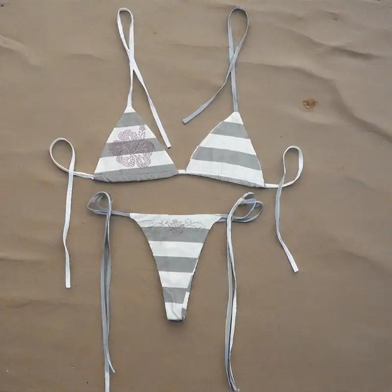 

Y2K Summer New Spicy Girl style floral hot diamond tie Sexy Seaside vacation Triangle Cup bikini Swimsuit two-piece set