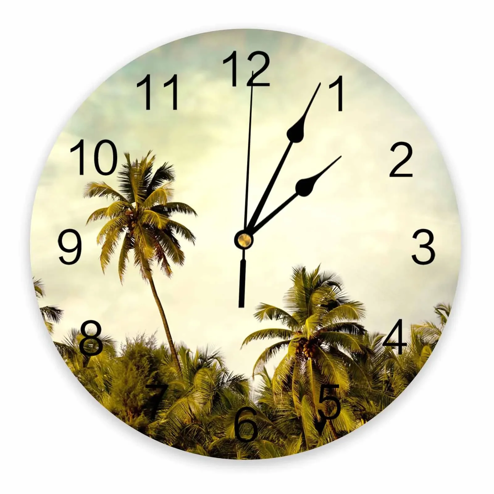 Tropical Rainforest Plant Coconut Tree Retro Decorative Round Wall Clock Custom Design Non Ticking Silent Room Large Wall Clock