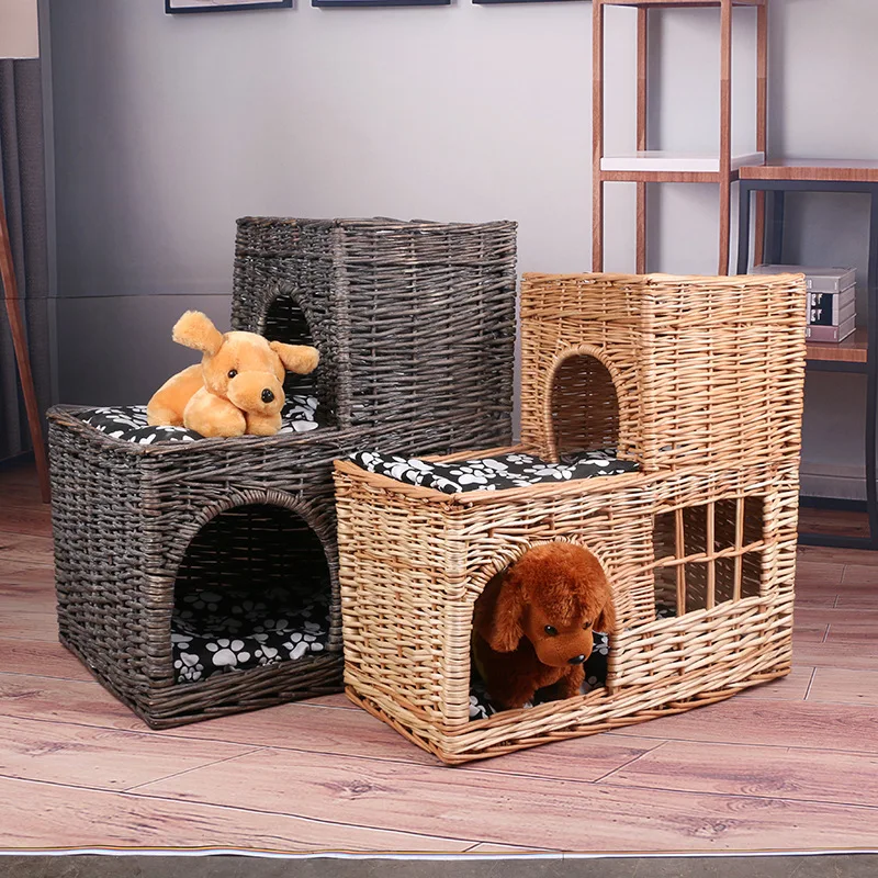 Pet basket willow weaving, willow weaving cute pet nest double-layer pet basket handmade four-season universal kennel cat litter