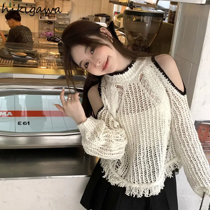 White Long Sleeve Pullovers Women Fashion Korean Jumper Pull Femme Off Shoulder Hollow Out Knitted Thin Sweater Casual Y2k Tops