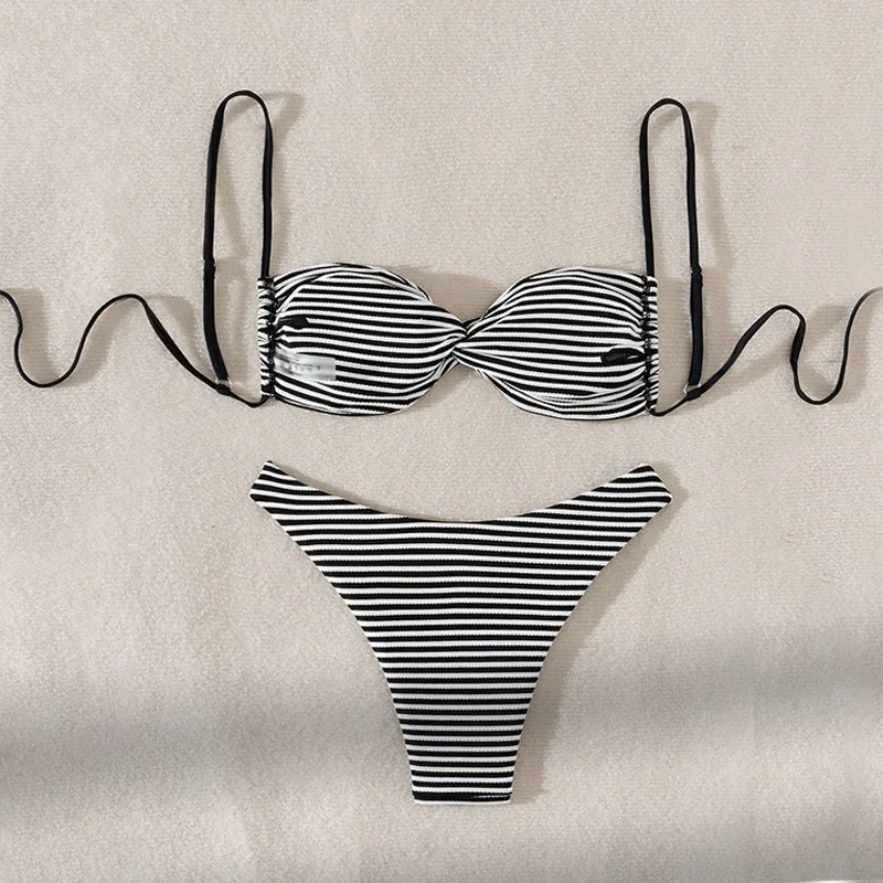 Sexy branco preto listrado com nervuras conjuntos de biquínis duas peças gravata sem costas tanga maiô maiô praia outfits biquini