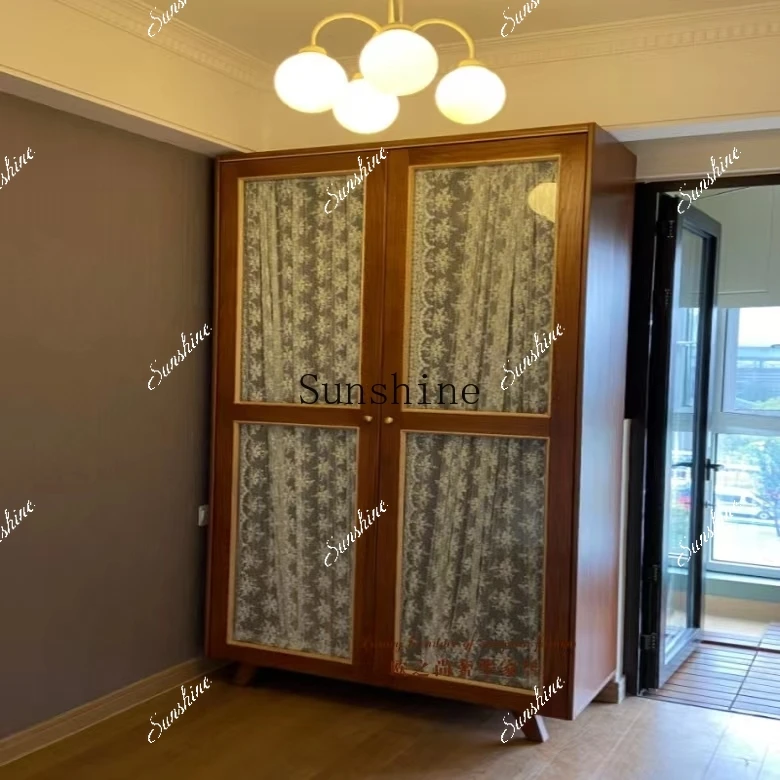French retro solid wood gauze curtain glass storage bedroom clothes cabinet simple and modern  FT