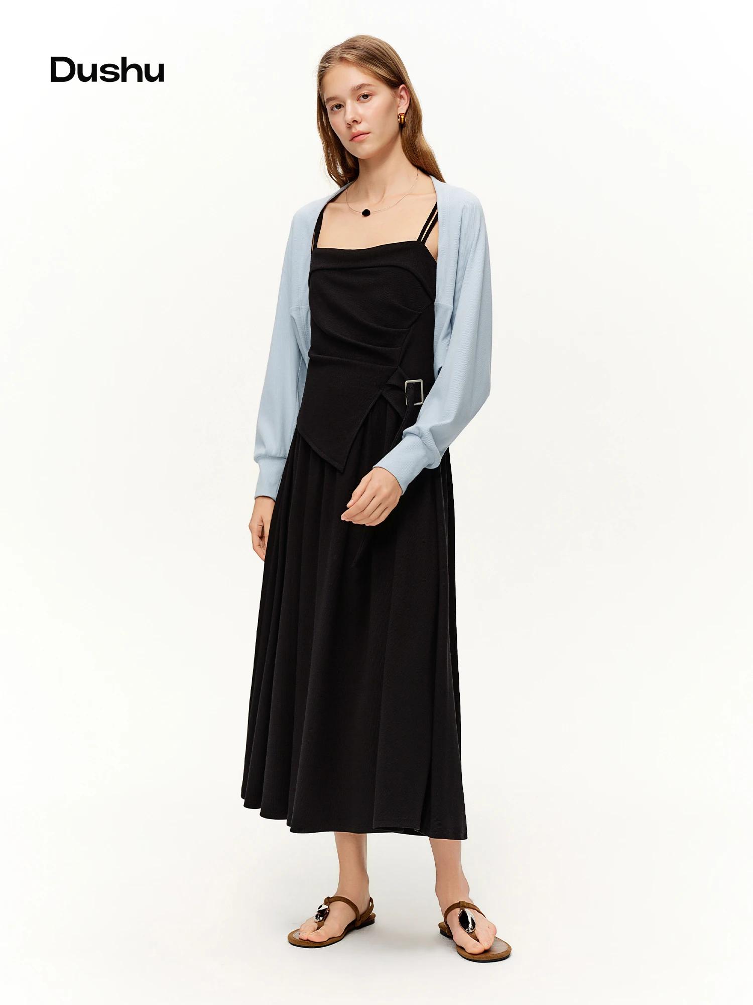 

DUSHU Relaxed Open Cardigan Strap Dress Set 2026 Spring Collection chic Casual Outfit with Two-Piece Knitwear Effortless Style