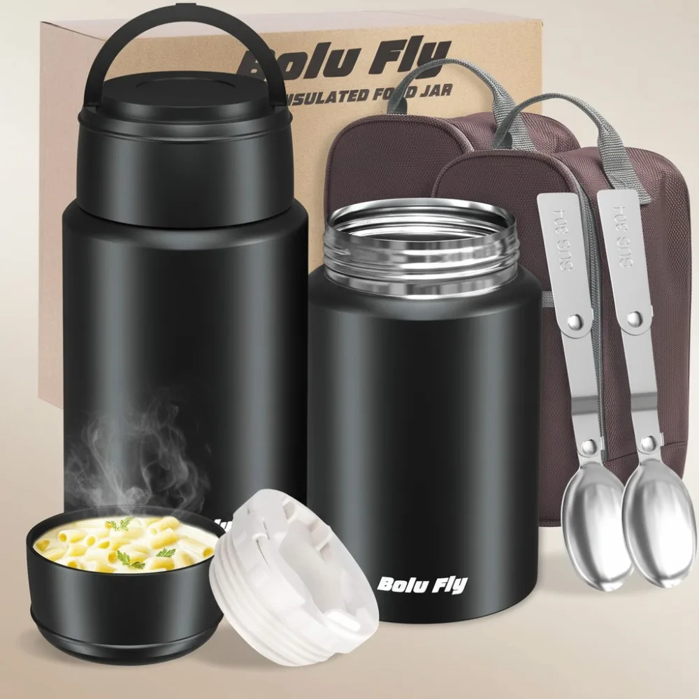 

2 Pack Stainless Steel Vacuum Insulated Food Jars, 18.5oz & 27oz Thermal Lunch Containers with Spoon & Bag