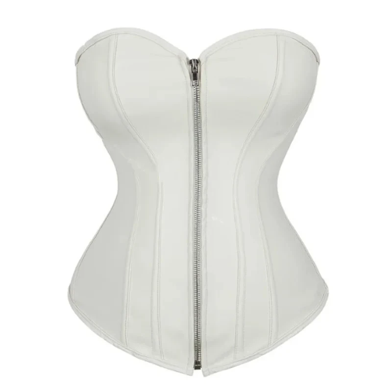 

White PU Leather Corset Top Women Sexy Zipper Overbust Bustiers Steampunk Corsets Body Shaper Lingerie Korset