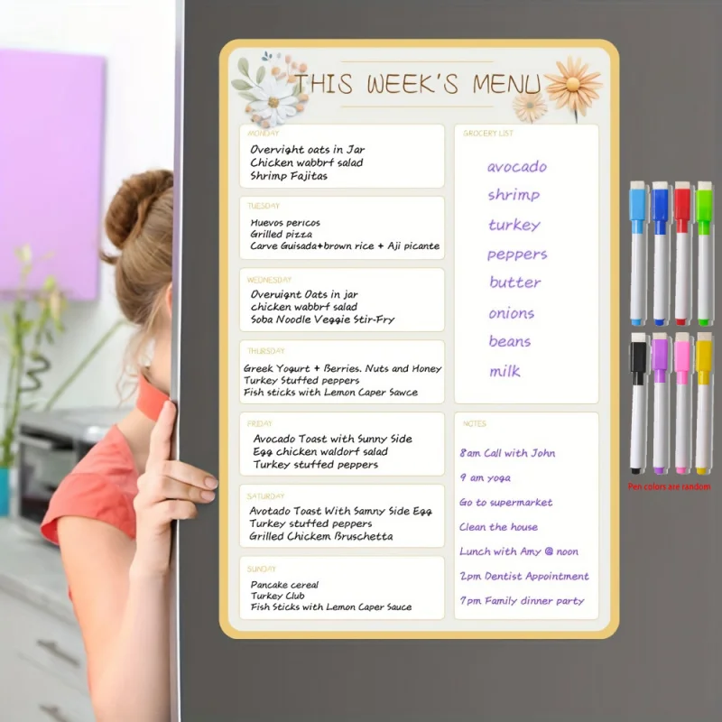 Magnetic menu board for kitchen use - Reusable Refrigerator Planning Chart - Dry-erase weekly meal plan and shopping list magnet