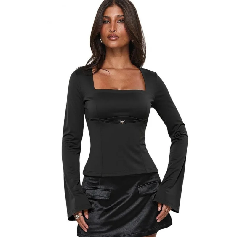 Black Square Neck Top, M-Shaped Metal Buckle Flare Sleeve Slim Fit Layering Blouse