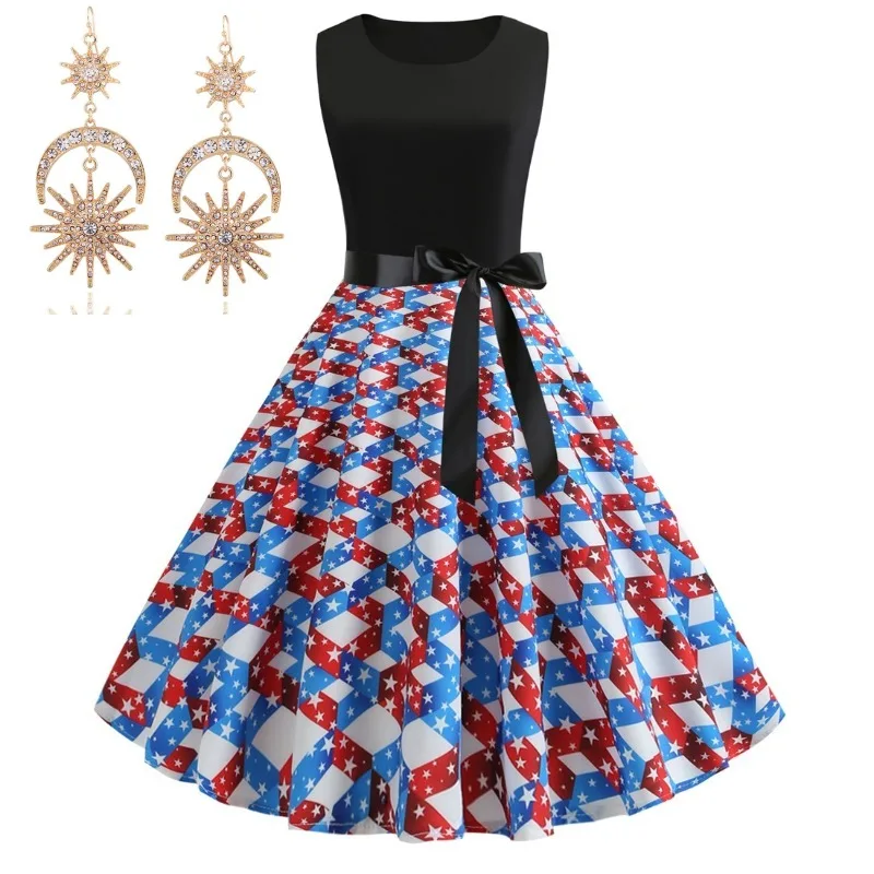 USA Flag Print 1950s Independence Day Hepburn Patchwork Dress with earring Women Summer Party Club Dresses Streetwear Plus Size