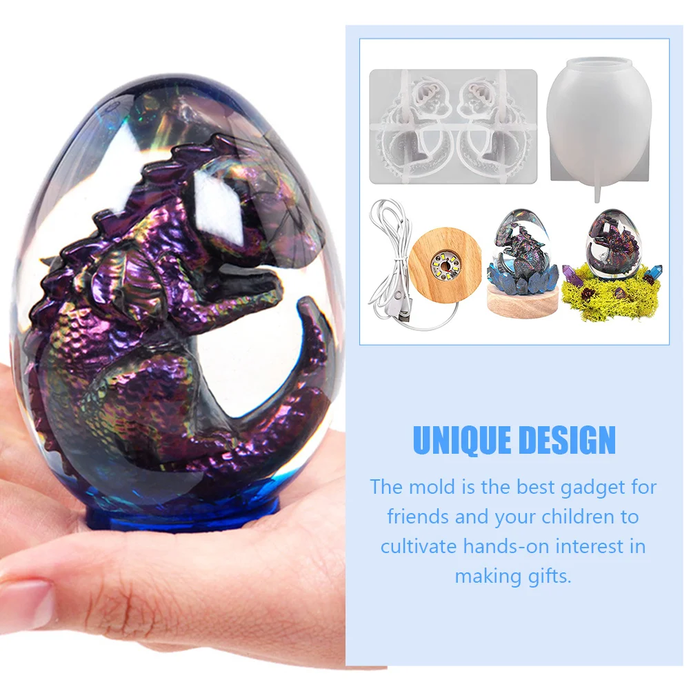 

1 set 3D Dragon Egg Night Light Mold with Lamp Base Resin Silicone Molds Durable Reusable Easy Clean Epoxy Mold for DIY Crafts