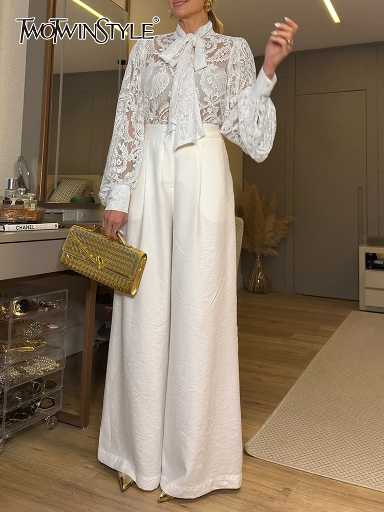 

TWOTWINSTYLE однотонные элегантные комплекты из двух предметов для женщин, комплект брюк с высокой талией и длинными рукавами, топ с бантом, женский новый комплект