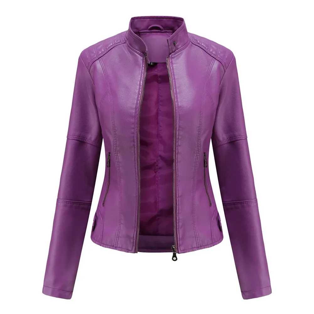 Red Women's Leather Jacket, Fashionable Trim Motorcycle Women PU Coat, Black Purple Brown Tops Female Menteau, Asian Size