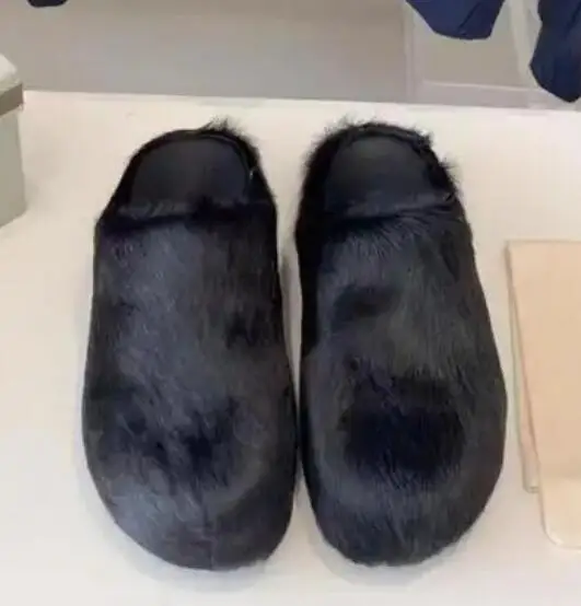 Orange Green Yellow Horsehair Fur Slip On Slippers Round Closed Toe Thick Sole Casual Slide Women Leisure Outdoor Street Shoes