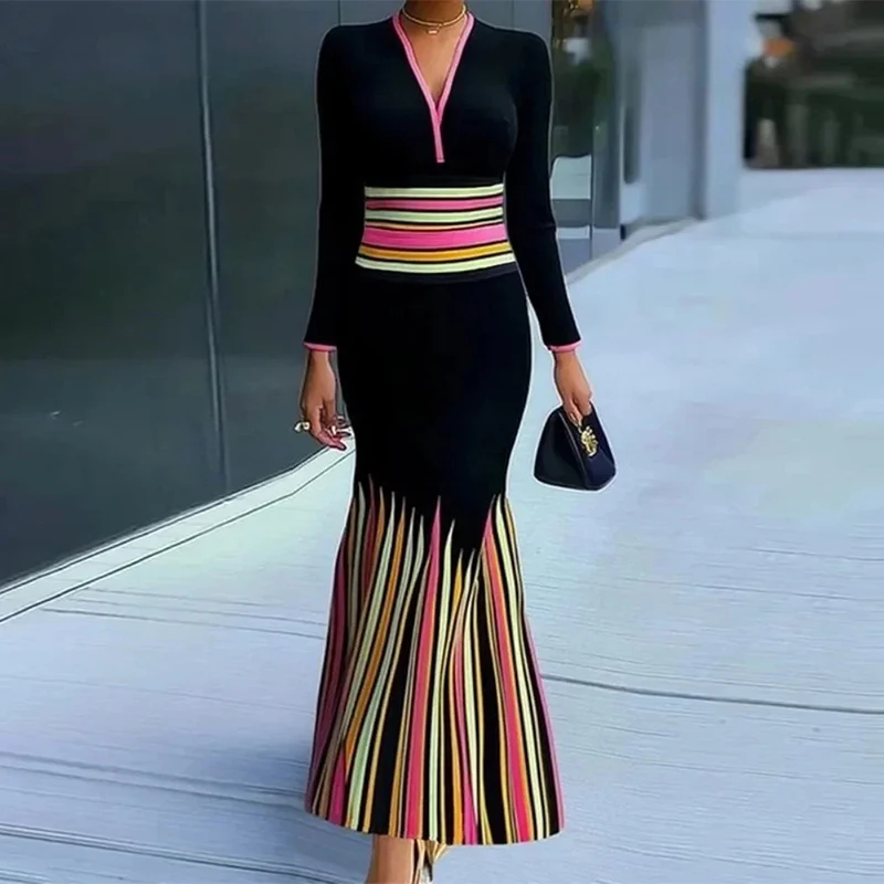 

Новинка 2023 года, женские весенне-осенние облегающие платья «рыбий хвост», v-образный вырез, длинные рукава, красочные полосатые вечерние женские плиссированные платья с высокой талией