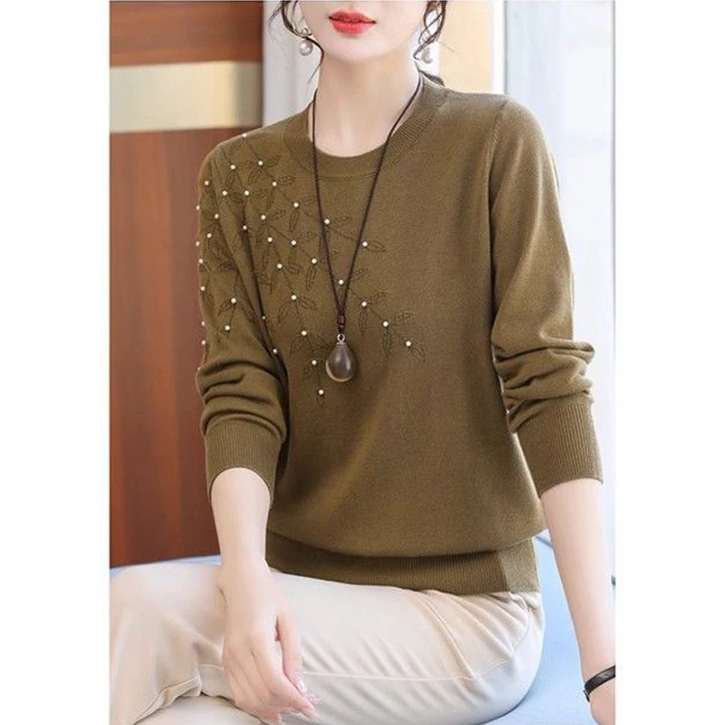 Women Korean Fashion Elegant Chic Beaded Embroidery Knitted Sweater Autumn Female O Neck Long Sleeve Pullover Tops Loose Jumpers