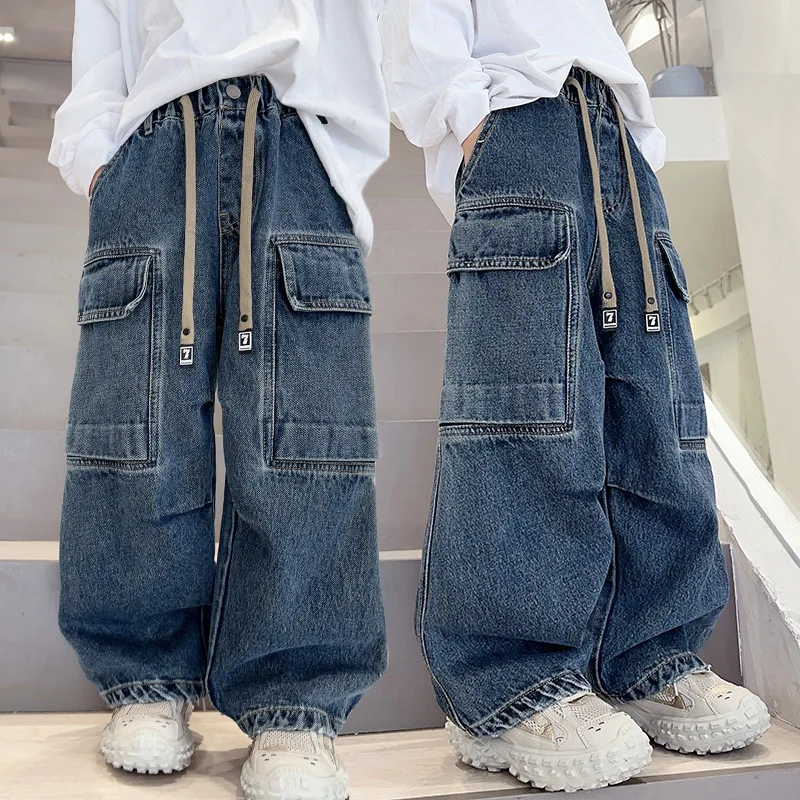

Kids Heavy Work Baggy Cargo Jeans for Teens Boy Loose Fit Pocket Denim Pants Tweens Child Fashion Jeans Trousers with Drawstring