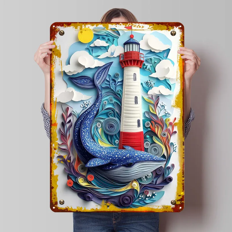 ورق الحوت والمنارة علامة مجردة ملصق فني ديكورات الغرفة علامات القصدير المعدنية المخصصة للجدار الفن الديكور الرجعية