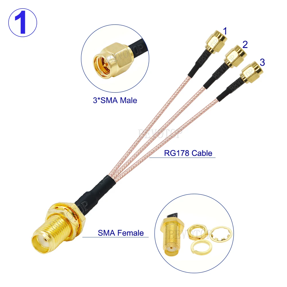1Pcs 1xSMA/RP Female Jack to 3xSMA Male Plug 1 to 3 SMA Splitter Cable RG178 Pigtail Jumper WIFI Antenna Extension Coaxial Cable