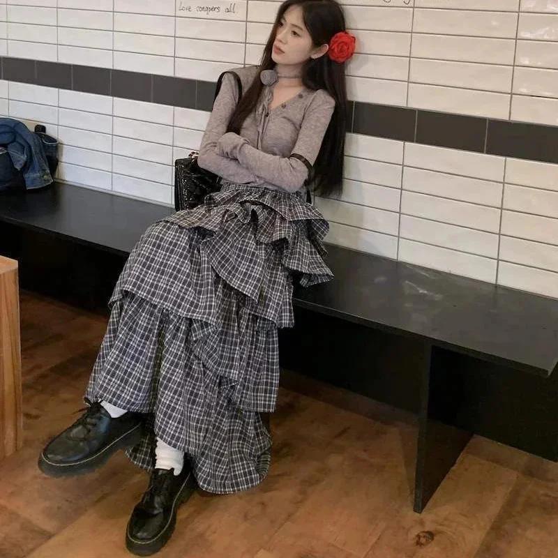 Vintage Plaid Midi Skirts Women New Casual Puffy High Waisted Tierred Ruffles Long Pleated Skirt Spring Summer All Match Bottom