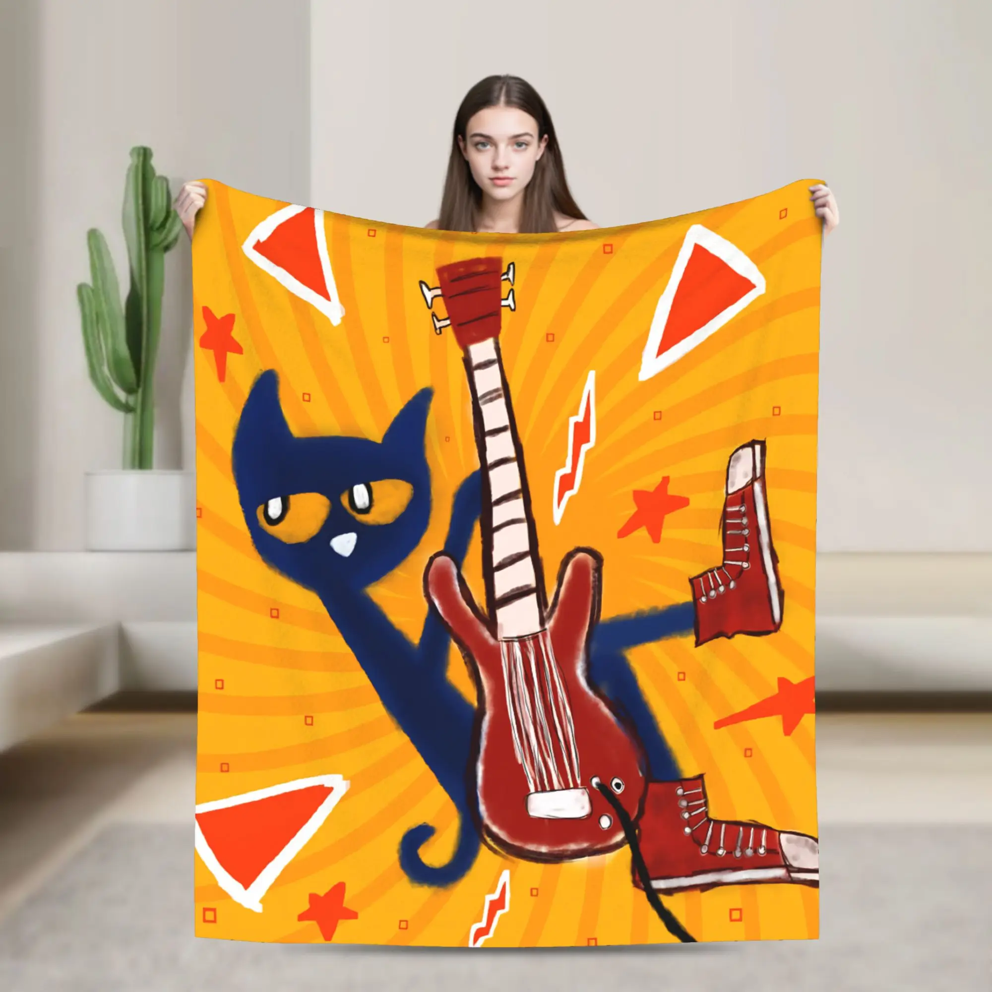 Pete The Cat Guitar Blanket Velvet Summer Air Conditioning   Multifunction Soft Throw Blankets for Bed Couch Bedding Throws
