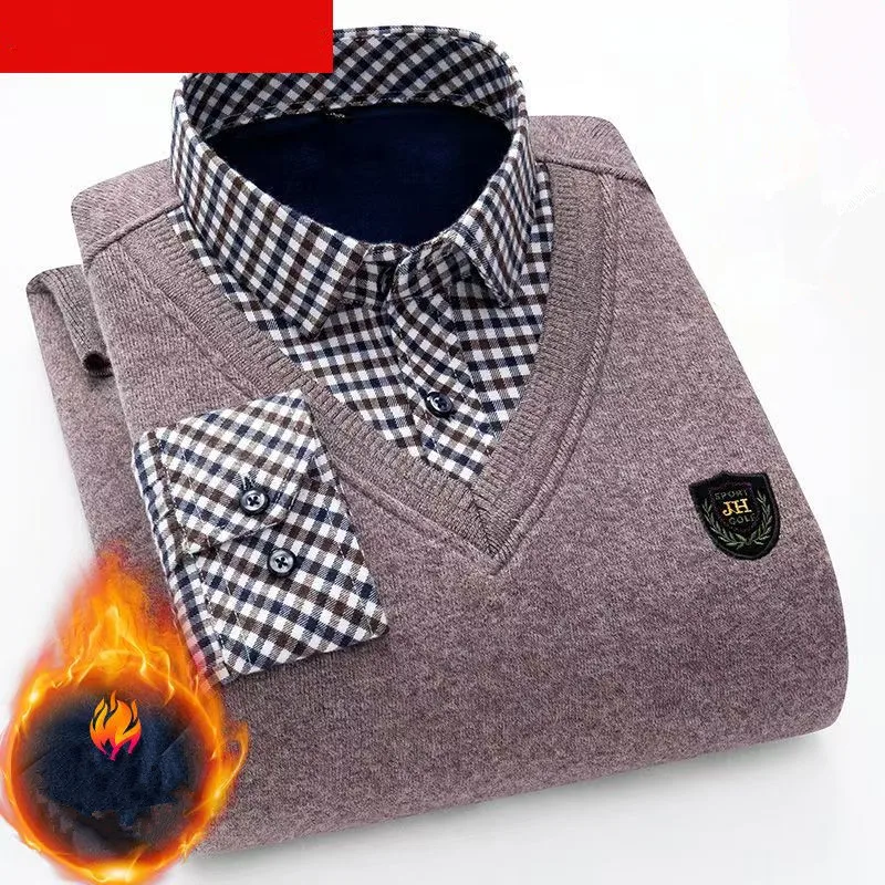 

2025 Winter and autumn fleece-lined warm pullover men's fashionable, individualistic, slim-fit business-style sweater L-4XL