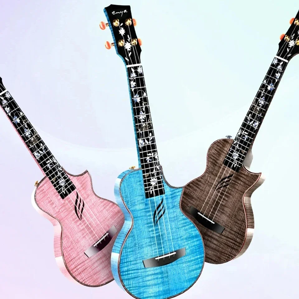 26 Inch Tenor All Solid Flame Maple Ukulele High Gloss Surface Built-in Pickup With Storage Case Portable String Musical