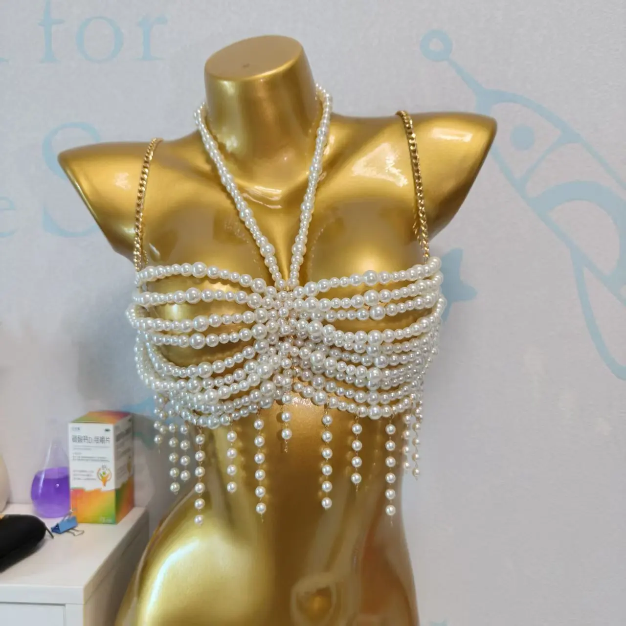 Summer Beach Sexy Bead Body Chest Chain Handmade Hanging Neck Hollow Pearl Bra Chain Vacation Hot Girl Bikini Bead Top