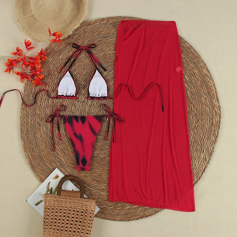 Costume da bagno micro bikini a 3 pezzi con stampa sfumata Costume da bagno donna sexy con lacci a triangolo Gonna lunga 2025 Nuovo set bikini da spiaggia