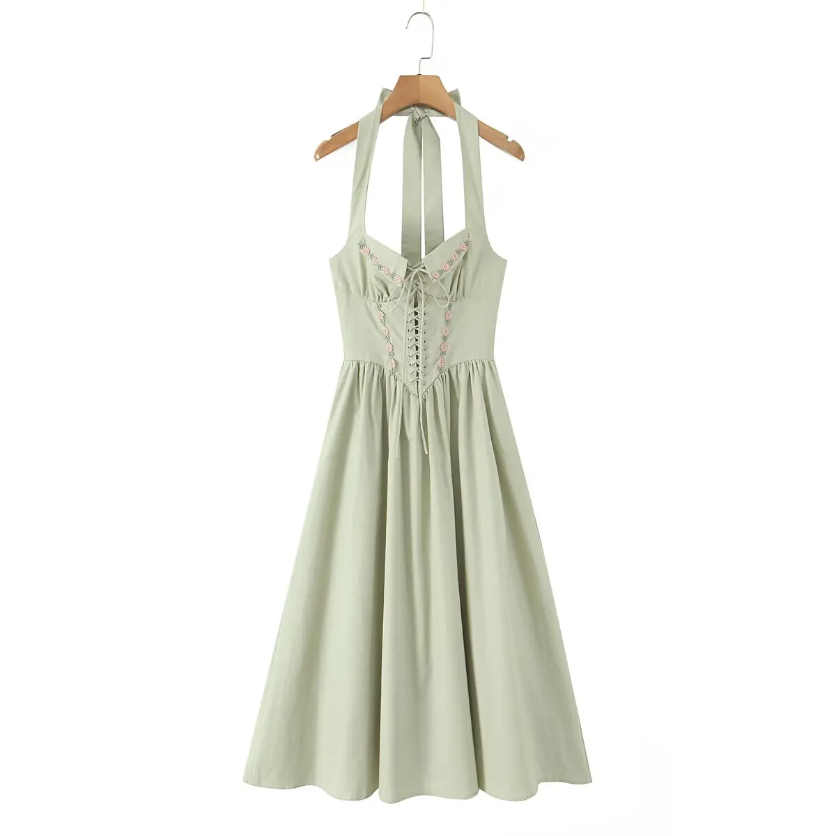 Jenny&Dave French Country Style Lazy Light Green Flower Embroidered Suspender Dress For Women Lace Up Slim Fit Party Dress Women