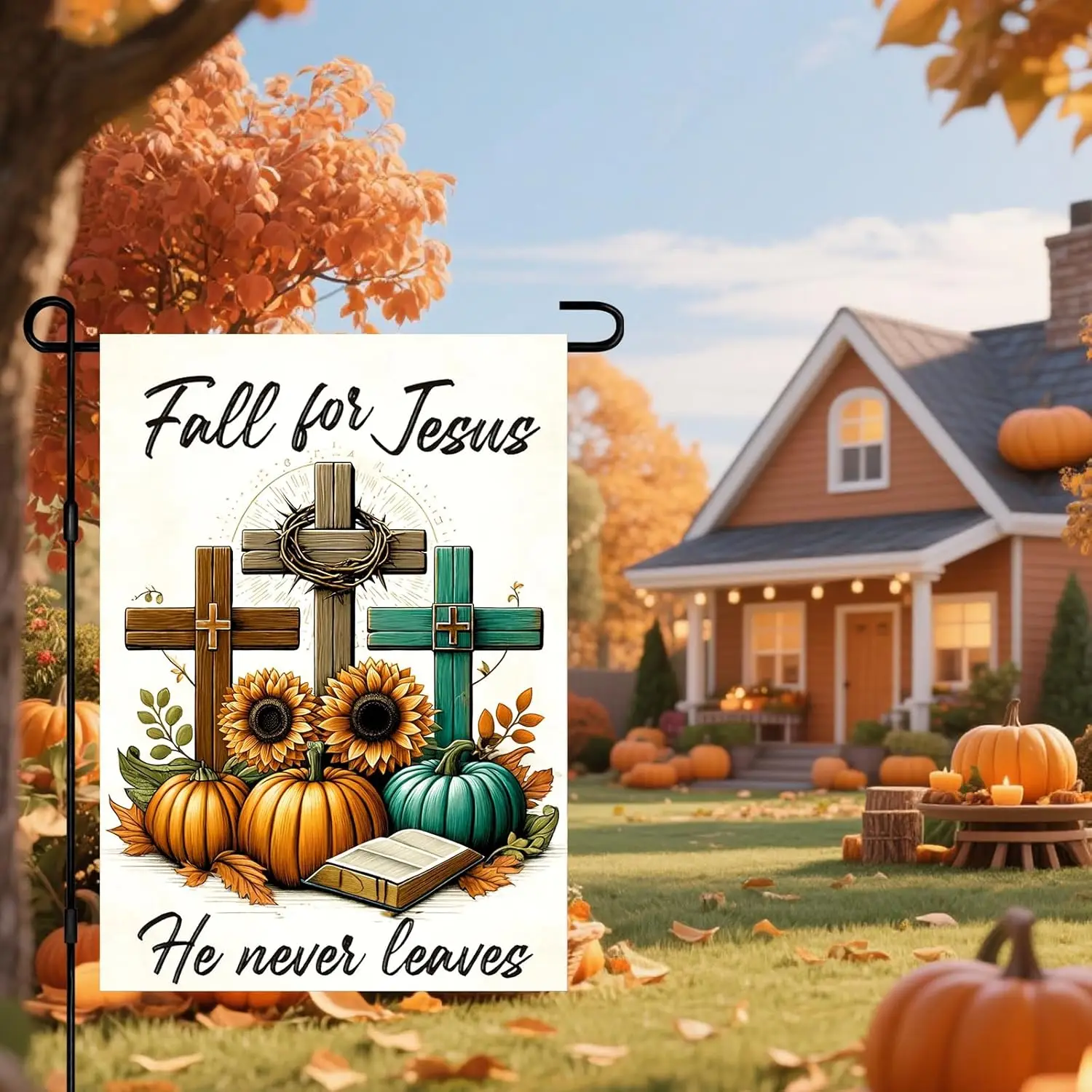 Outdoor Fall Garden Flag 12x18 Inch Fall Everyday Christian Cross with Pumpkins and Sunflowers, Double Sided Flag for Porch  llz