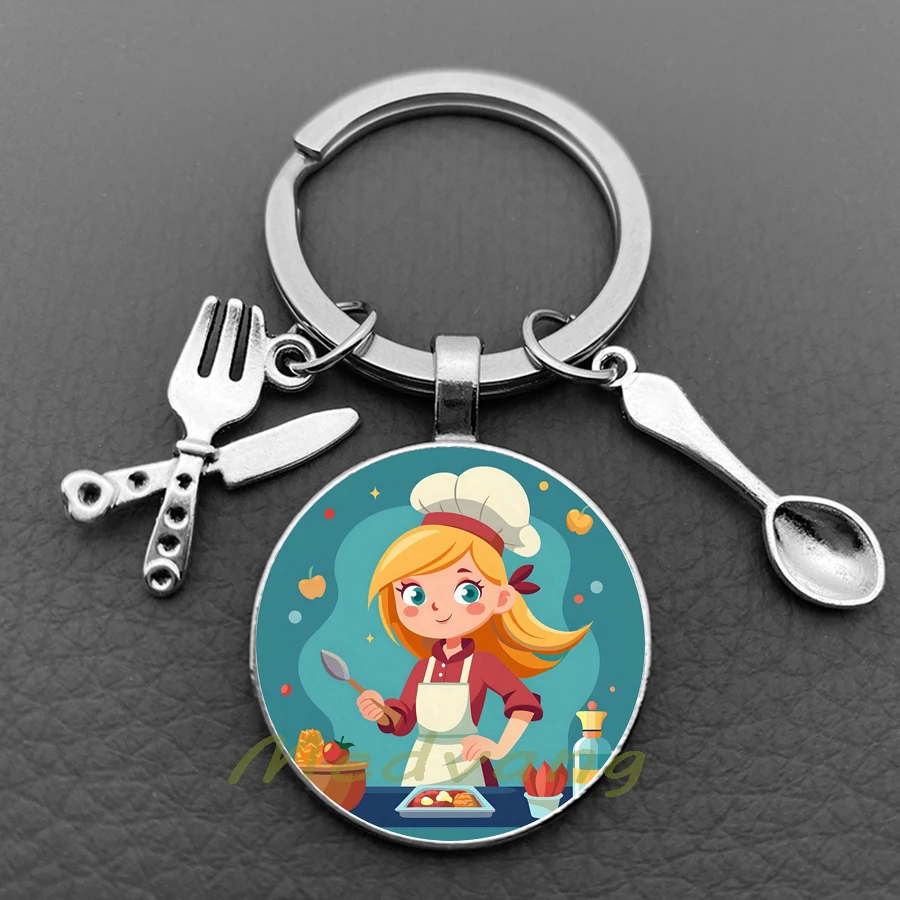 New Cooking Keychain Chef Hat Knife and Fork Glass Art Keychain Gifts Chefs and Cooking Enthusiasts Jewelry Gifts