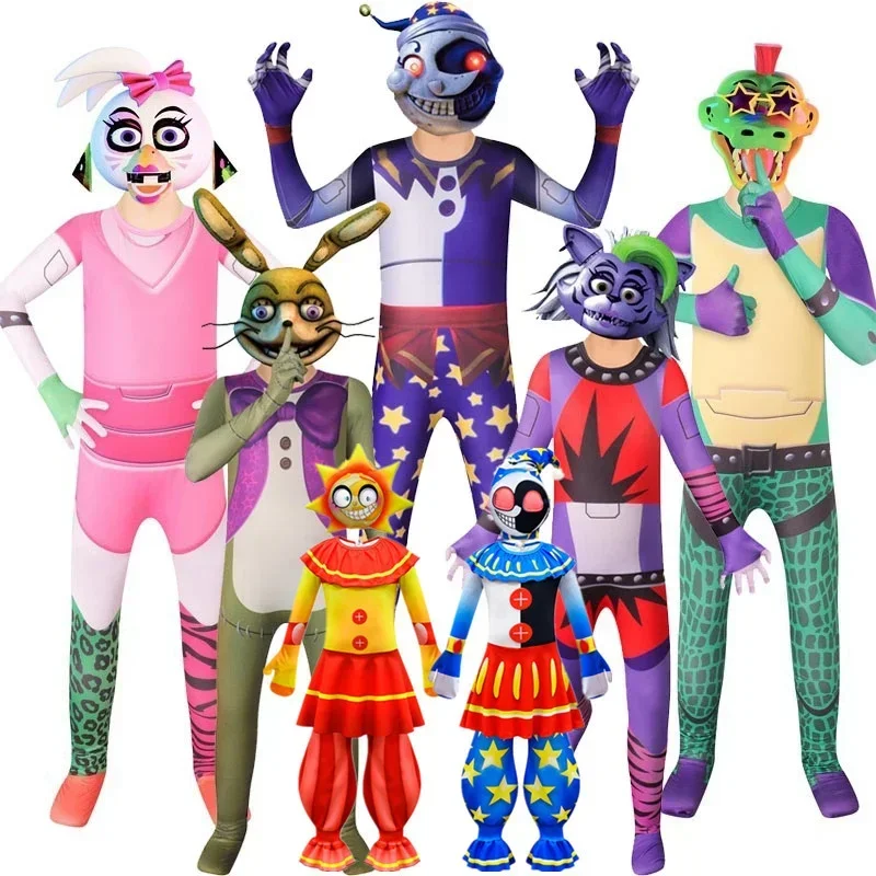 男の子と女の子のための漫画のサンドロップコスプレ服,fnaf,マスク付きサンピエロボディスーツ,カーニバルパーティーのジャンプスーツ,k mn4のハロウィーンの衣装