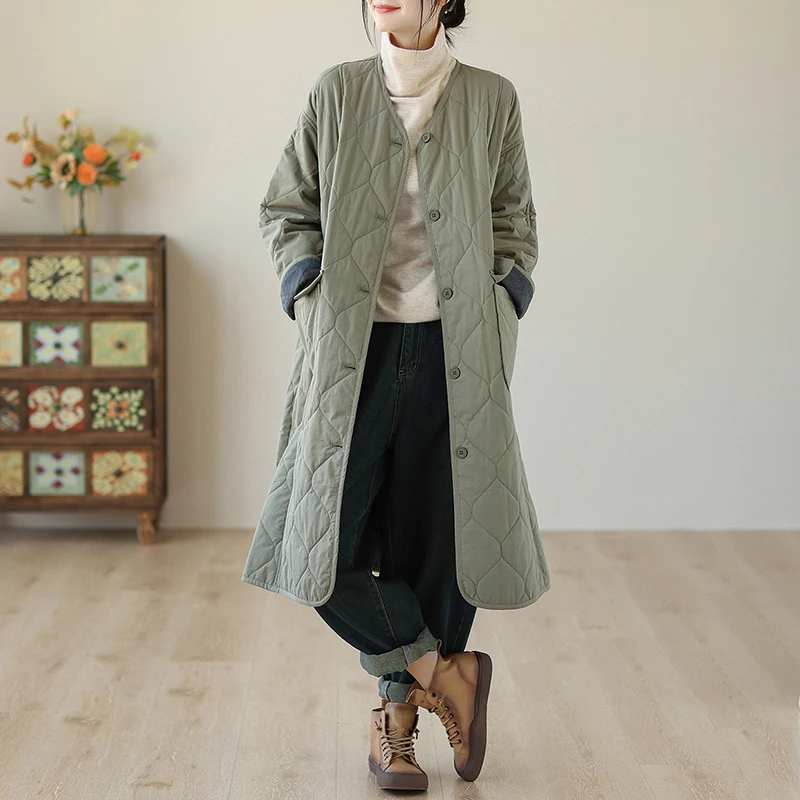 New Fashion Autumn Winter V-Neck Solid Plaid Buttons Casual Loose Long Jackets Elegant Women Coats Clothes Ladies‘ Outwear