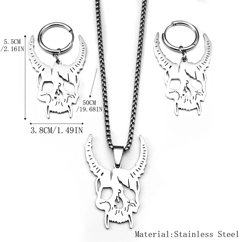 Stainless Steel Gothic Sheep Head Skull Necklace Earrings for Men Women Retro Religious Alternative Punk Party Jewelry Set