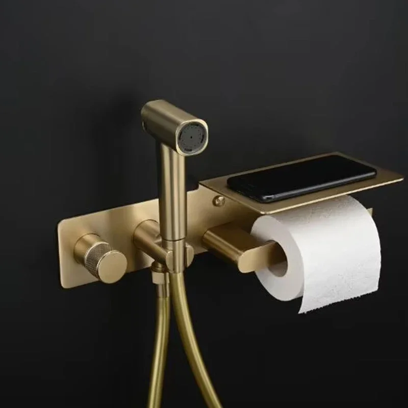 Brushed Gold Hot and Cold Brass Toilet jet Bidet Spray Set Muslim Shower Handheld bidet sprayer with Paper Holder