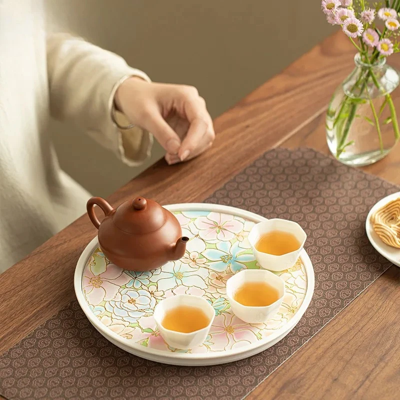 Relief Gold Stamping Creative Floral Tea Tray Dried Fruit Plate Coffee Storage Board Teapot Holder Dishes For Serving Tea Items