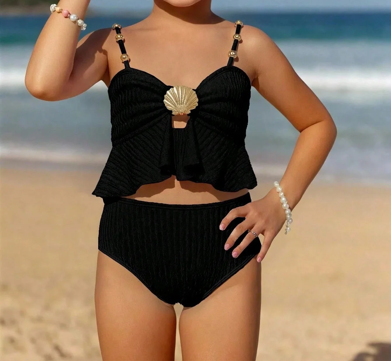 

2026 Cute Solid Color Young Girl Swimwear SwimSuits Summer Beach Swimming Kids Girl 2pcs Tankini Sets Bathing Suit 4Y To 7Y