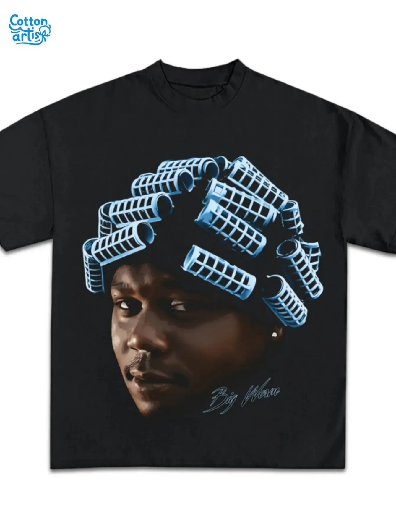 Big Mama Stylized Portrait Men's Plus Size T-Shirt - Black Casual Tee with Blue Cylindrical Hair Rollers Design and Cursive Text, Perfect for Unique Fashion Statements