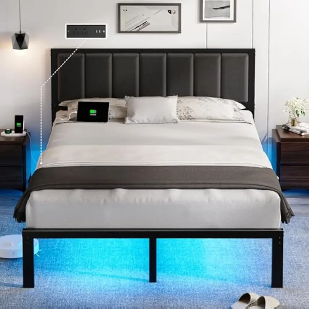 OLEVS Queen Bed Frame with Headboard Metal Platform Bed Queen Size with USB Charging Station and LED Lights,No Box Spring Needed