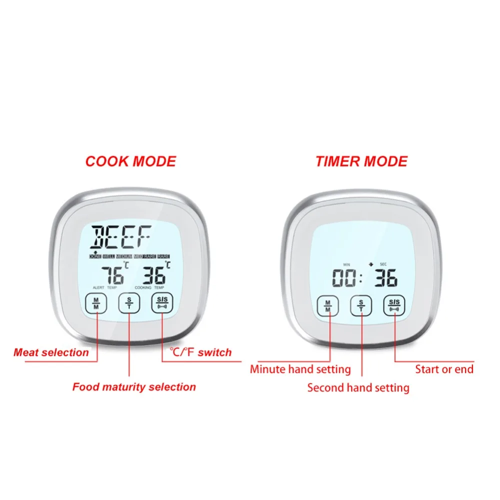 Touch Screen Digital Meat Thermometer Built-In Timer Stainless Steel Probe Food BBQ Thermometer LCD Backlight Magnetic Back