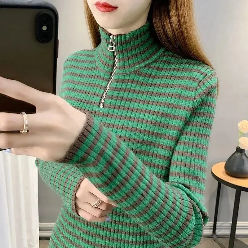 2023 Autumn and Winter Women's Pullover Half High Collar Patchwork Zipper Striped Bottom Shirt Fashion Casual Long Sleeve Tops