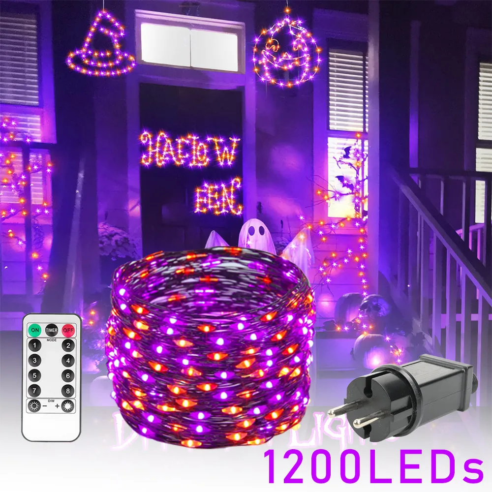 

Фиолетовые и оранжевые USB-водостойкие гирлянды для Хэллоуина с дистанционным таймером, 8 режимов медного провода для рождественской елки в помещении и на открытом воздухе