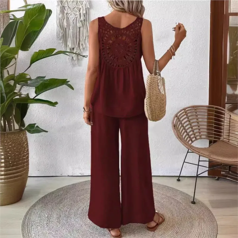 Women\'s Boho Beach Vacation Two Pieces Sets Tank Suit  New Fashion V-neck Back Hollow Lace Loose White Suit For Women Clothing