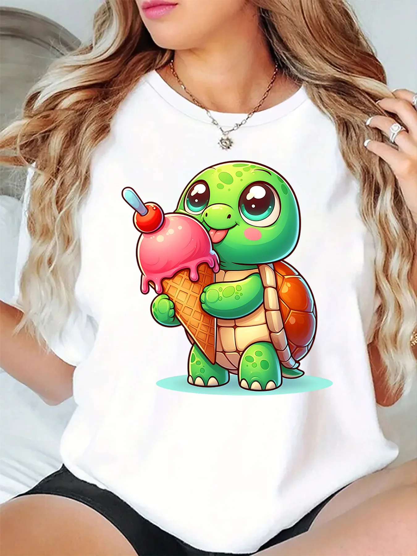 Cute Turtle Holding Ice Cream Graphic Womens T Shirt Short Sleeve Crew Neck Sweet Summer Animal Casual Daily Ladies Tee Tops