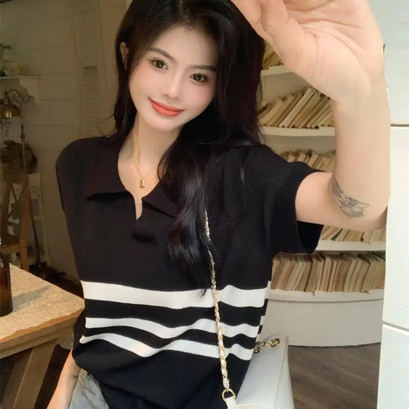 Fashion Lapel Casual Short Sleeve Knitted Striped Blouses Female Clothing 2024 Summer New Loose All-match Tops Sweet Shirts