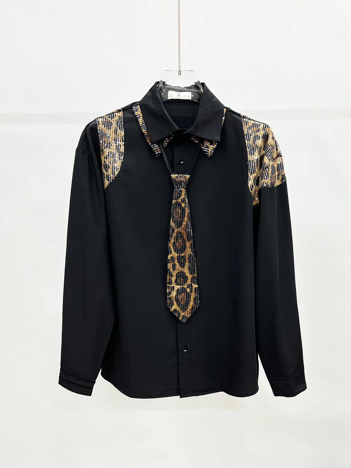 Leopard Print Patchwork Sequin Tie Shirt Men's Loose Temperament Casual Shirts Social Stage Performance Banquet Star Costume