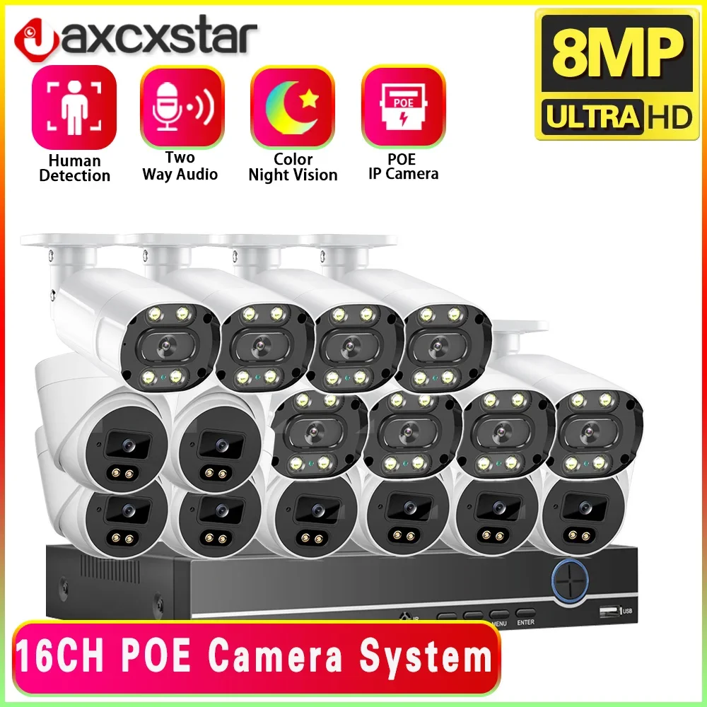 

16CH POE NVR 4K 8MP Wide-Angle CCTV Security Camera System 8MP Color Night Vision Two-Way Audio Camera Video Surveillance Set