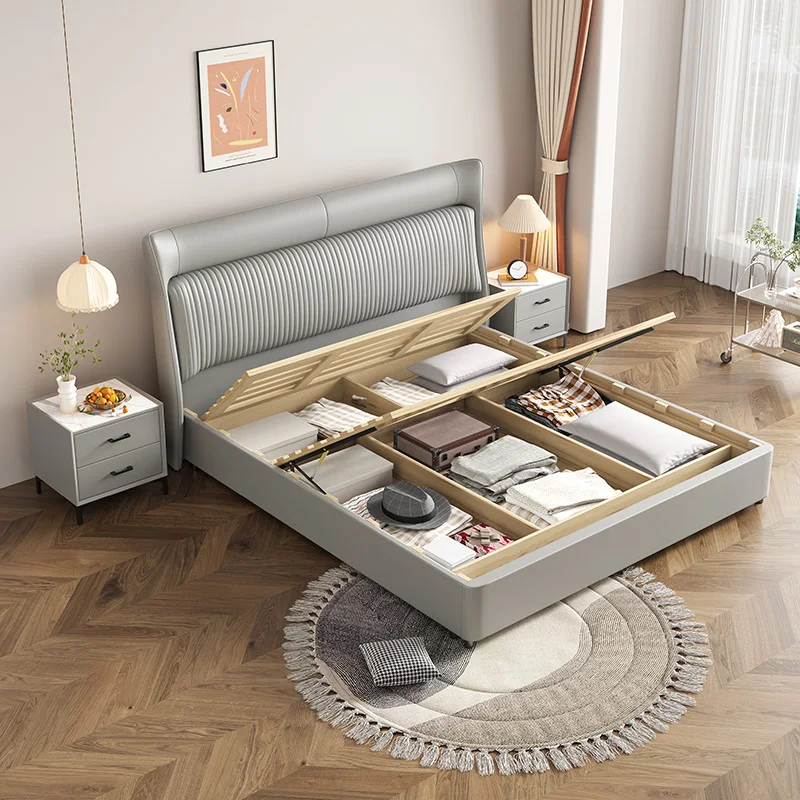 

The product can be customized.Italian light luxury minimalist leather bed, cream style master bedroom double bed